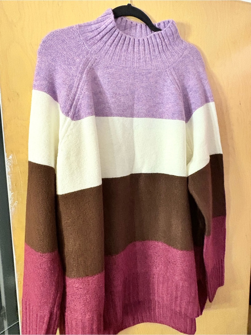 Colorblock Mock Neck Sweater in Lavender, Cream, Brown & Pink